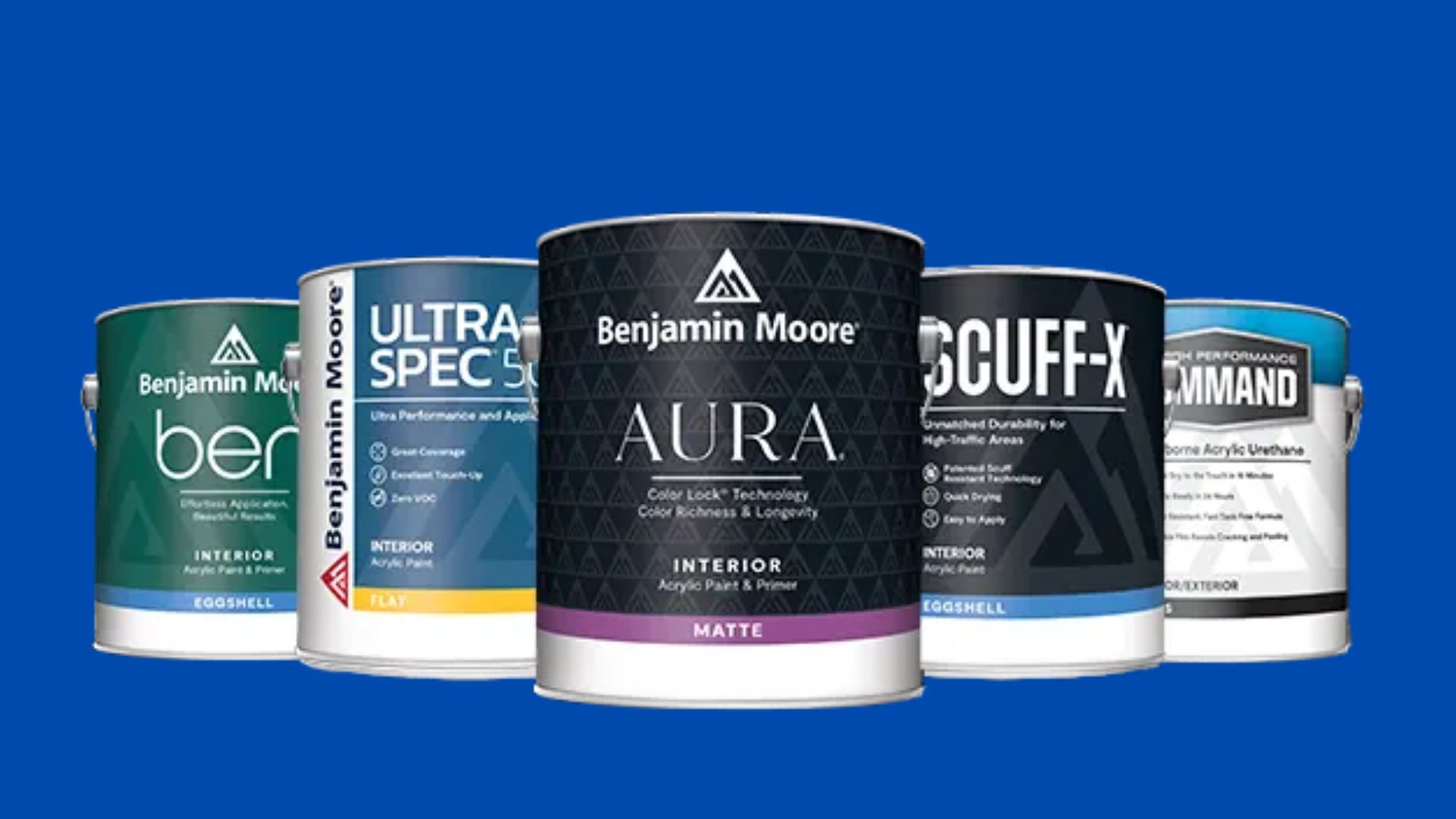 Display of popular paint brands for home use, featuring various colors and product packaging.