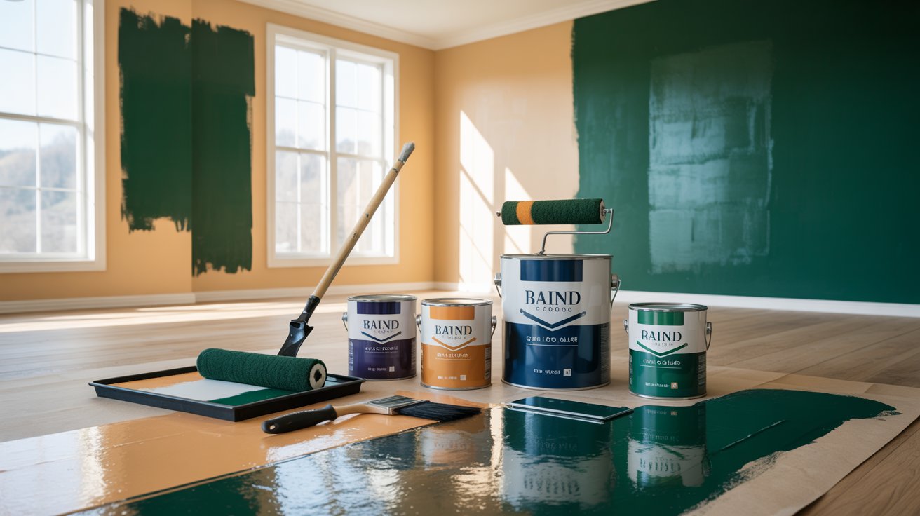 Paint cans and brushes are arranged on the floor of a vacant room, ready for a fresh coat of color.