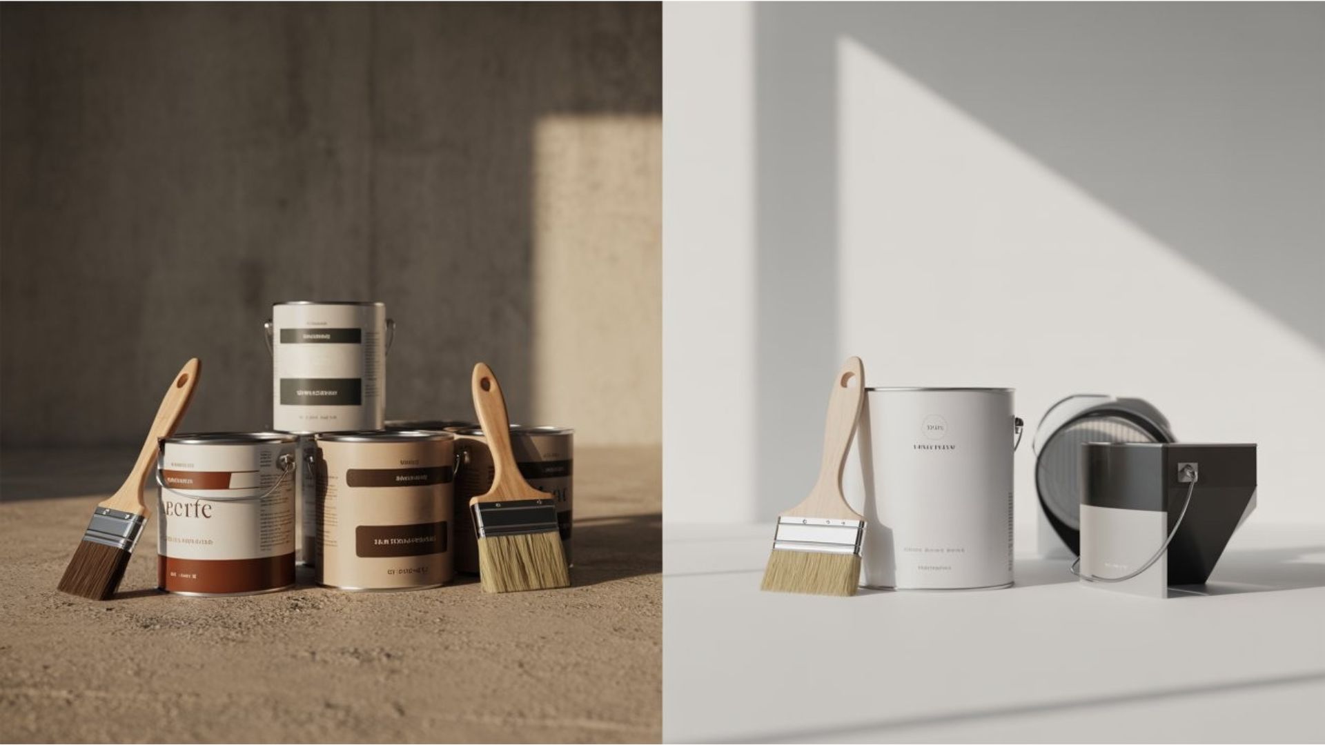 . A collage of images displaying various types of paint and brushes arranged artistically.