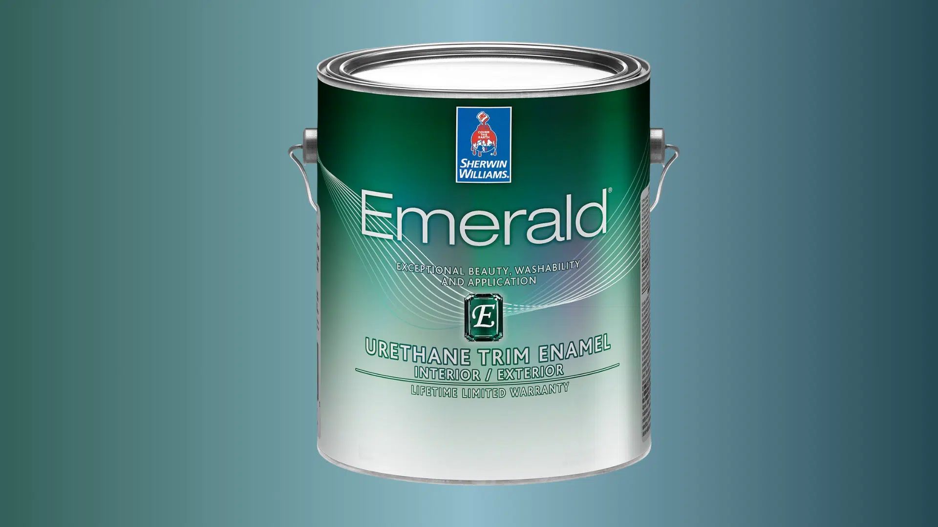A can of emerald paint sits against a blue background, showcasing its vibrant color contrast.