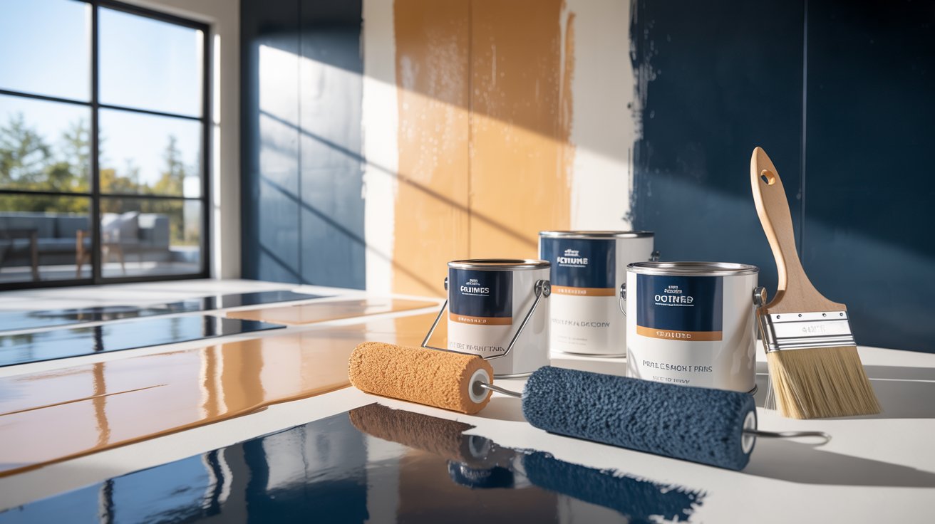 . Paint and brushes arranged on a countertop in a well-lit room, ready for an artistic project.