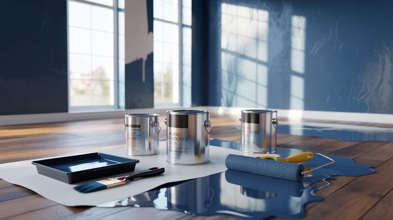 Paint and tools scattered on a wooden floor in an empty room, suggesting a recent or upcoming renovation project.