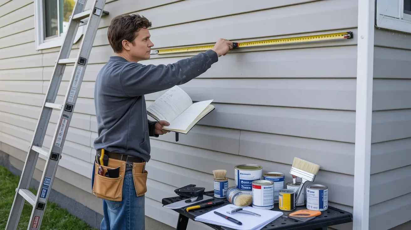 A man using a ladder and tools to paint a house, focused on his work with paintbrush in hand.