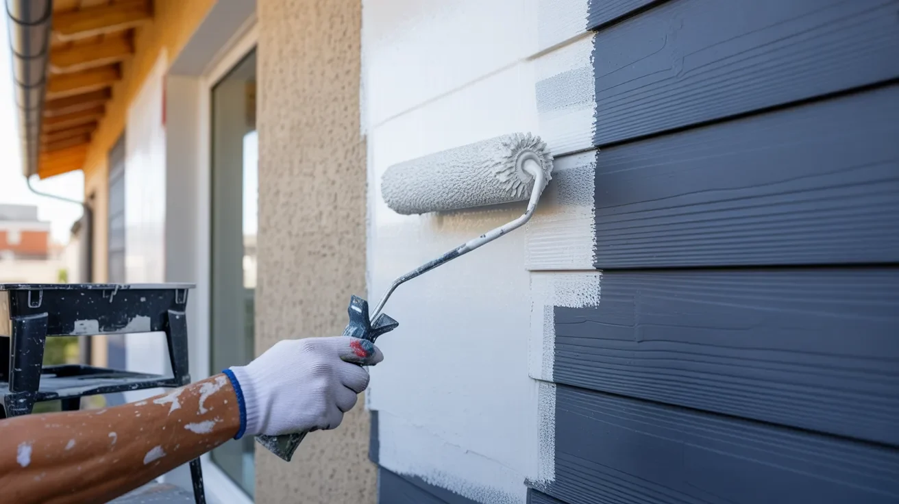 A man is using a roller to paint the exterior of a house, focusing on a section of the wall.