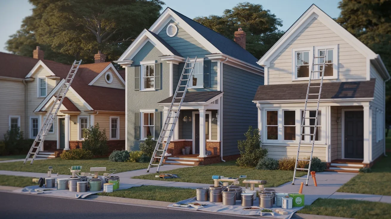 A house on the street surrounded by paint cans and ladders, indicating ongoing exterior painting work.