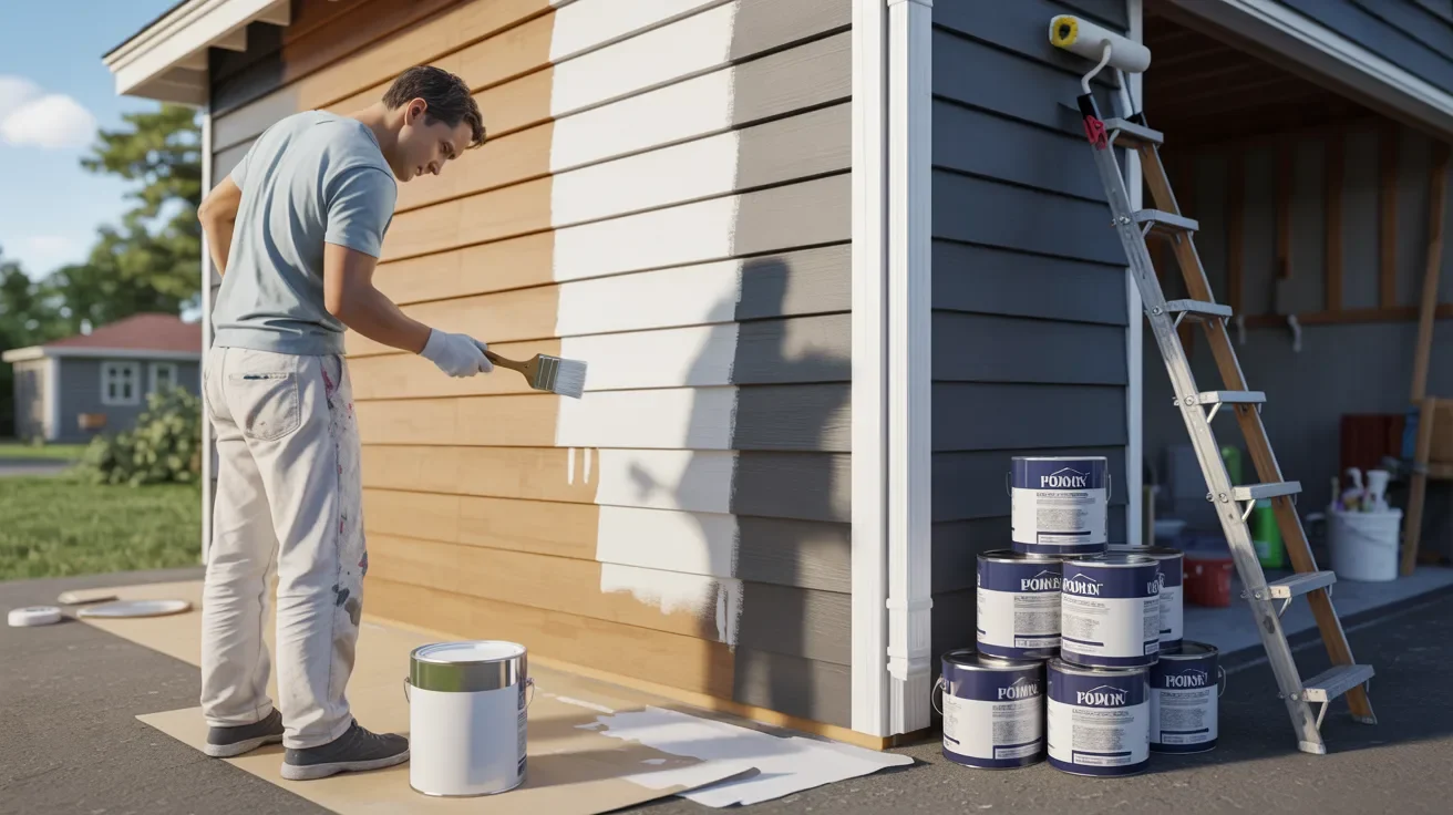 A man painting a garage, surrounded by open paint cans and brushes, focused on his task.