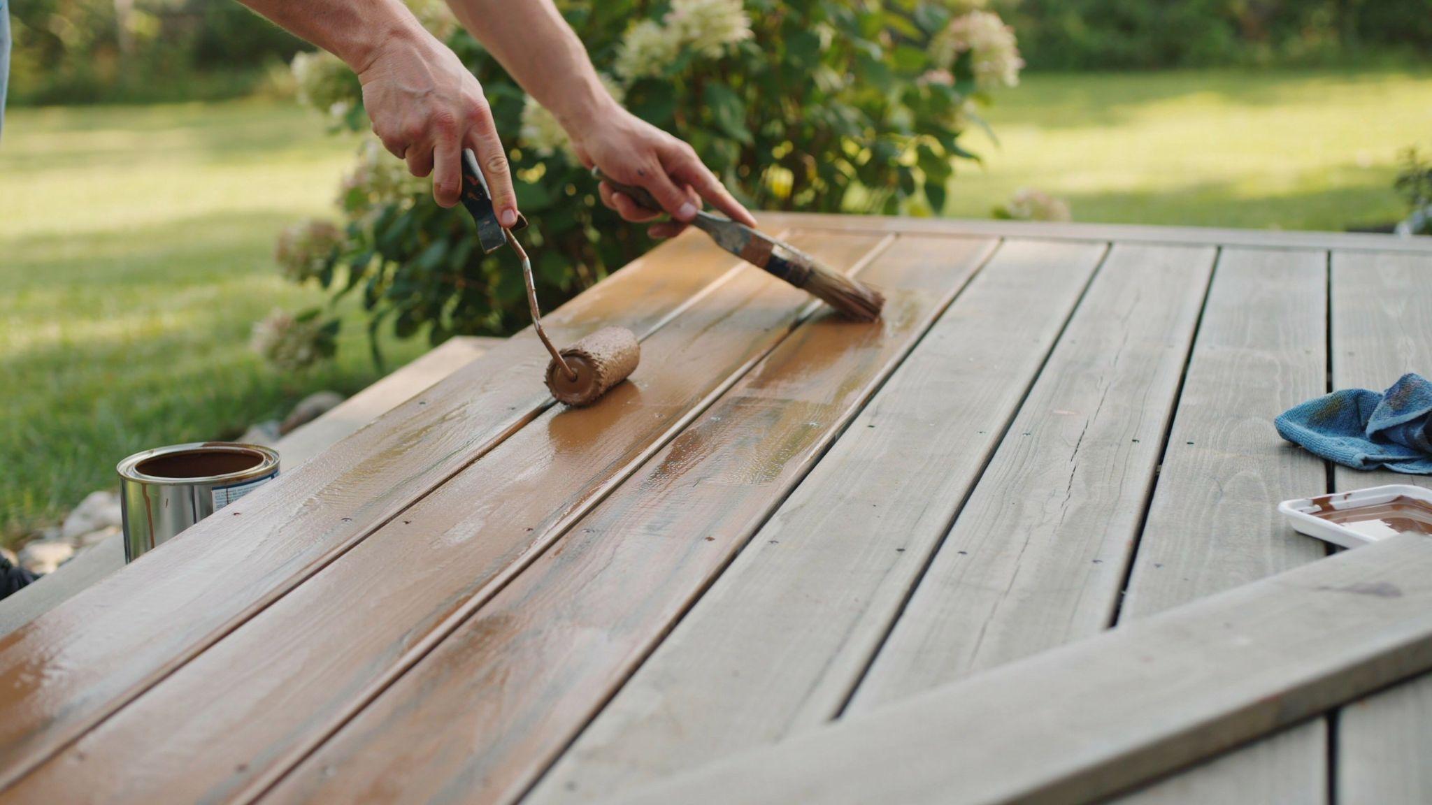 Close-up of homeowner staining a deck while following the wood grain and maintaining a wet edge for smooth, even finish.