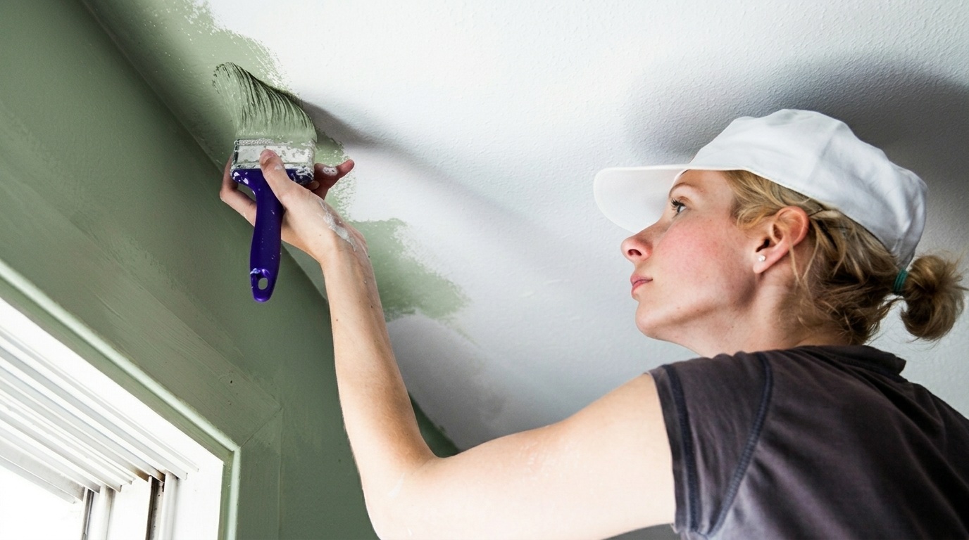 A woman wearing a white cap painting the ceiling.