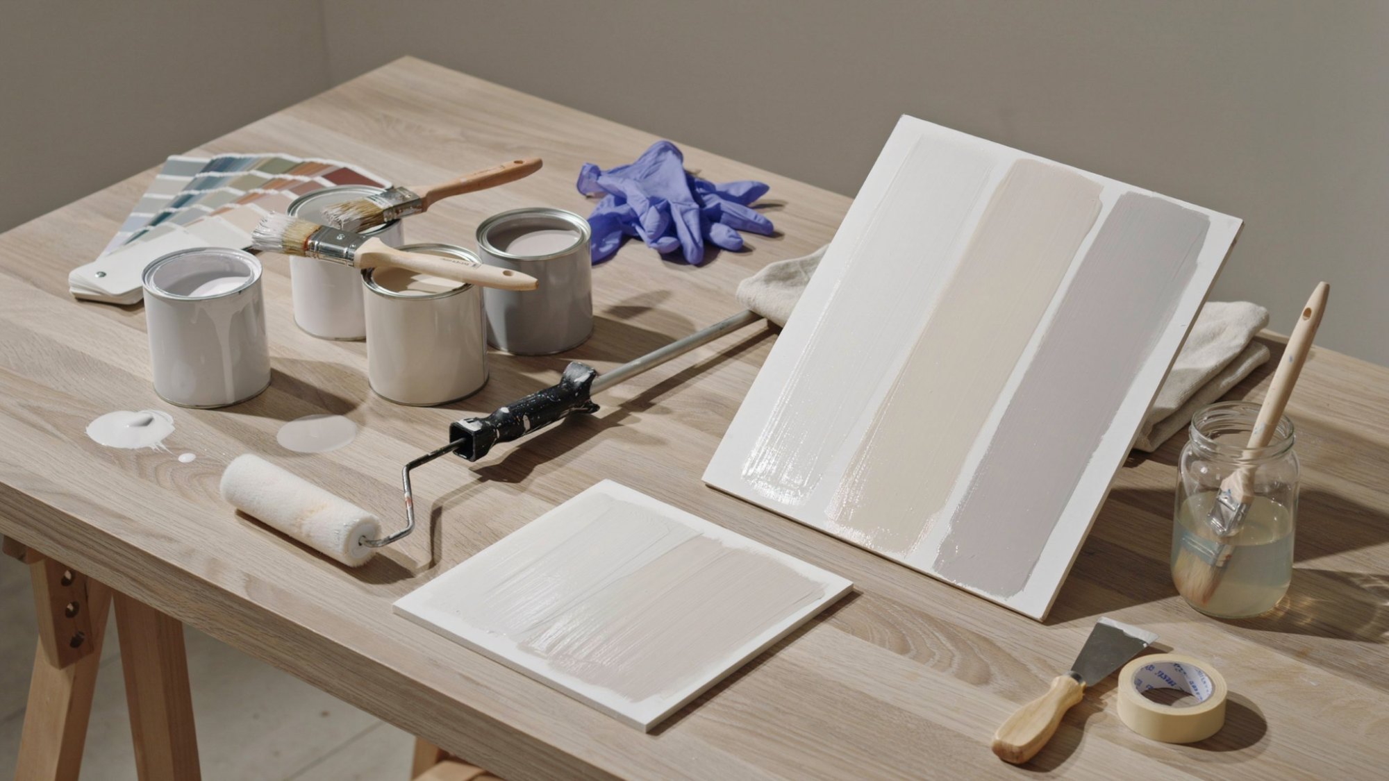 Paint cans, brushes, and color samples displayed beside a PVC board panel.