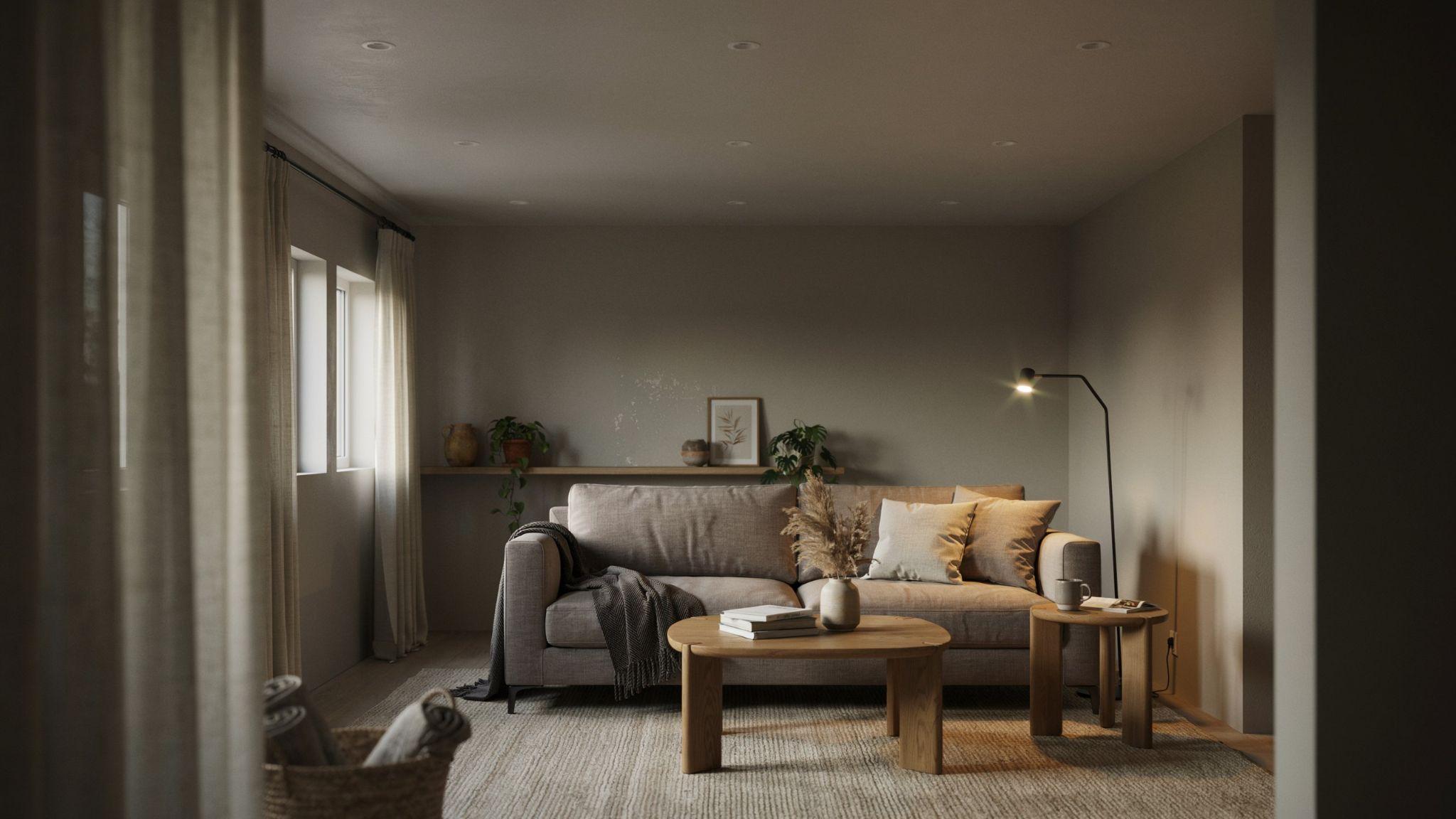 Cozy modern basement interior painted in warm medium gray influenced by Behr Toasty Gray with neutral furnishings, wood accents, and soft ambient lighting.