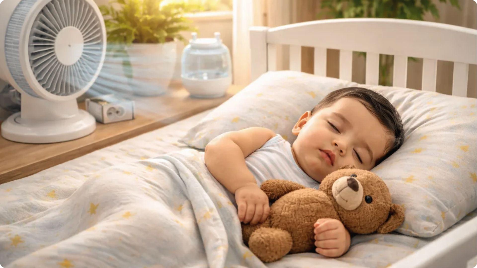 Sleeping toddler cuddles teddy bear in crib without pacifier, modeling self-soothing during weaning.