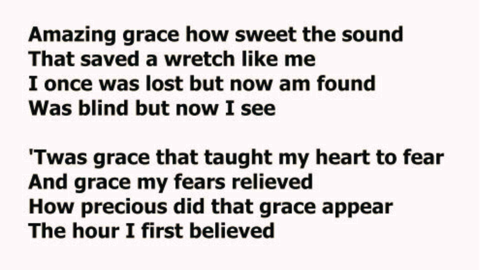 "Amazing Grace" hymn lyrics in bold black text centered on a plain white background page.