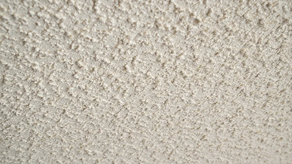 ceiling with popcorn texture featuring dense bumpy clusters creating strong texture and sound absorbing surface finish.