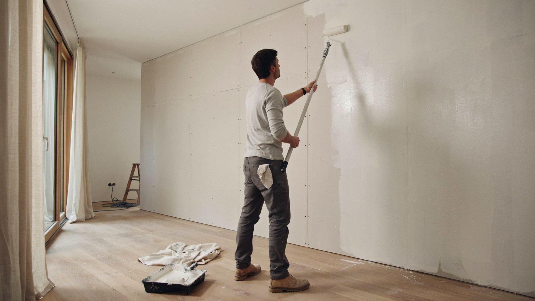 Painter applying primer to new drywall to seal and prepare the surface for smooth, long-lasting paint coverage.