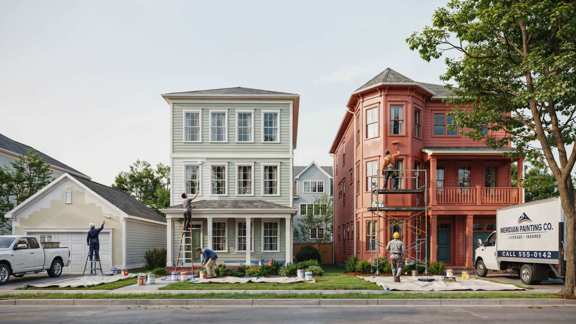 Comparison of small medium and large houses being painted, showing how size affects painting time with visible crews working on different home exteriors.