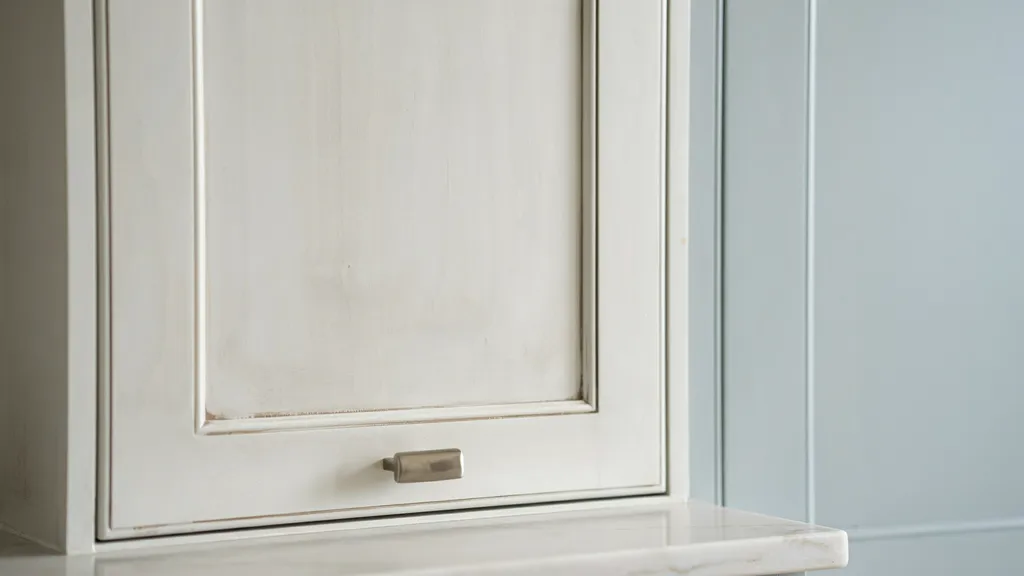painted oak cabinet door with subtle grain visibility showing natural texture preserved with light sanding and smooth matte satin finish.