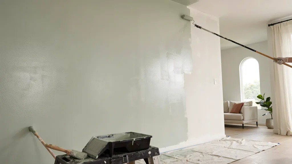 Painter applying acrylic paint to an interior wall with a roller in a modern room, showing smooth, vibrant, fast-drying finish.