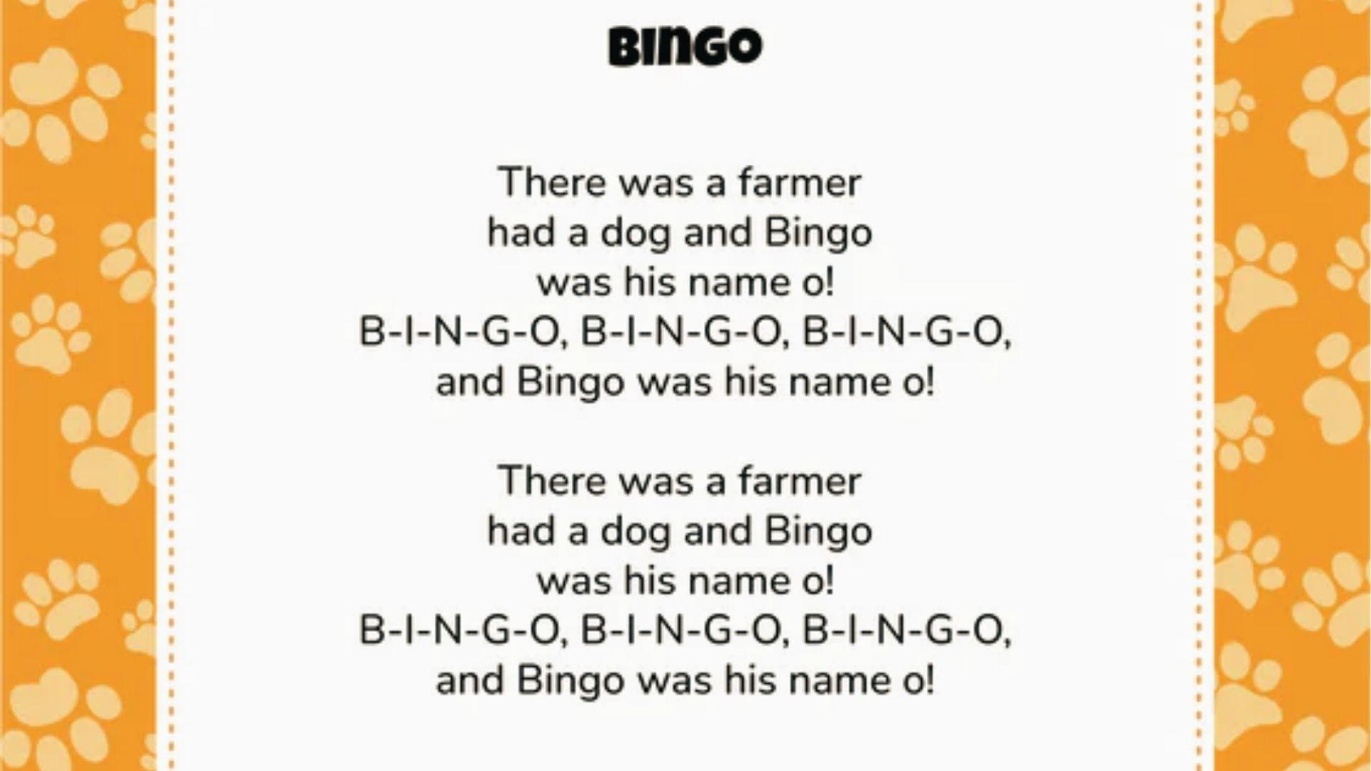 "BINGO" song lyrics on white with orange paw-print borders, about a farmer and his dog.