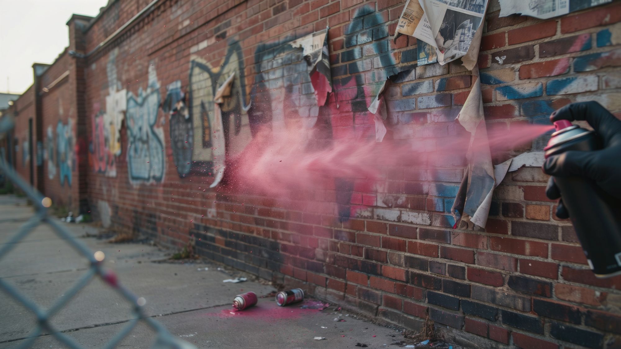 Hand sprays pink paint on brick wall with graffiti beside empty spray cans on sidewalk.