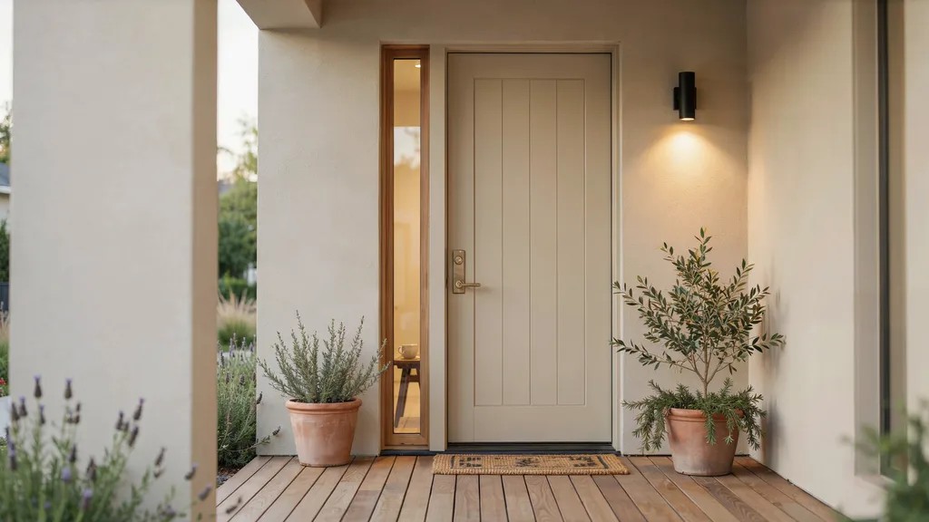 Soft beige front door blending with neutral exterior tones, creating a calm, subtle, and classy entrance with natural and timeless charm.