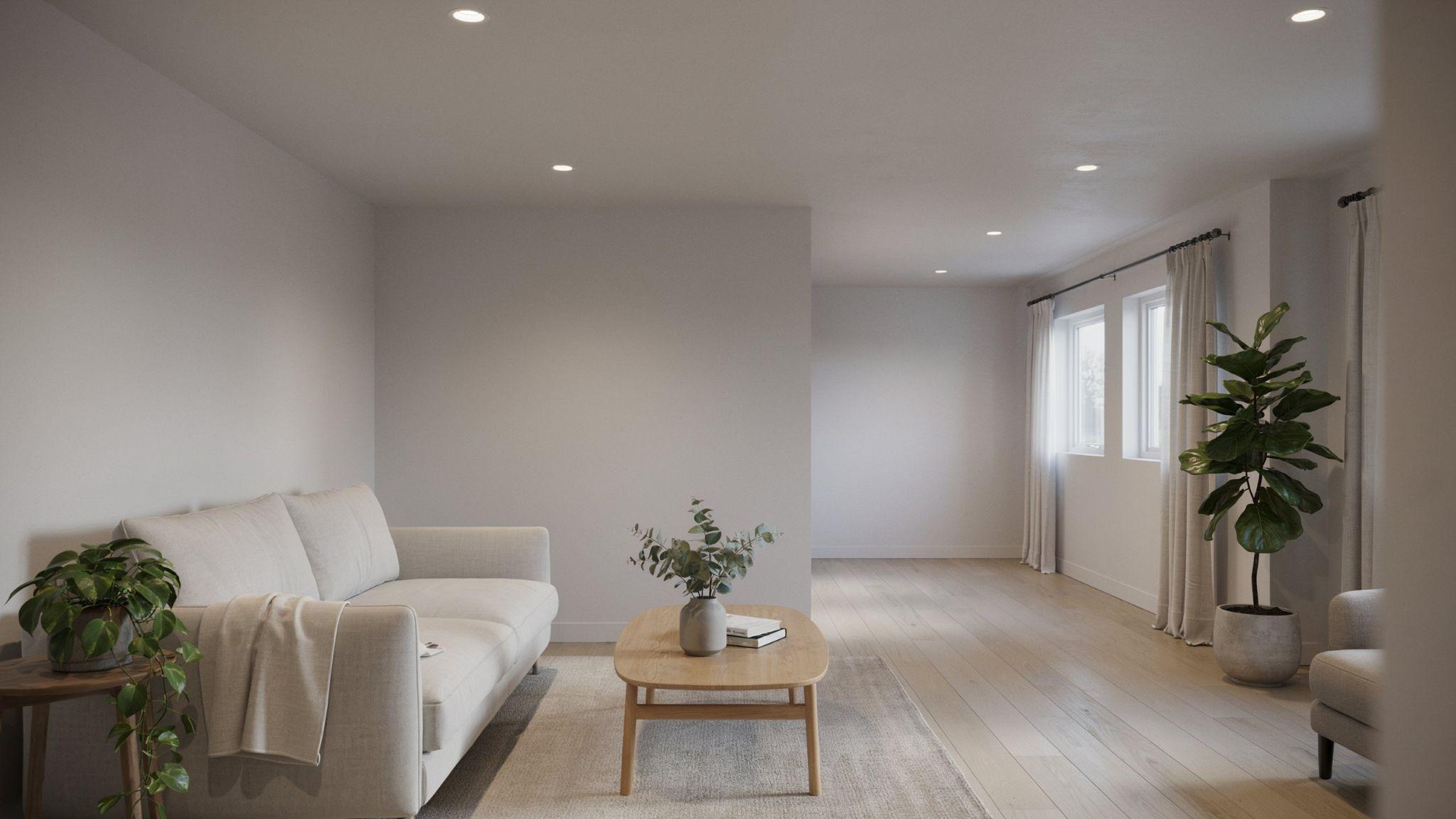 Airy modern basement interior painted in soft light gray-white influenced by Sherwin-Williams Drift of Mist with minimalist decor and warm natural lighting.
