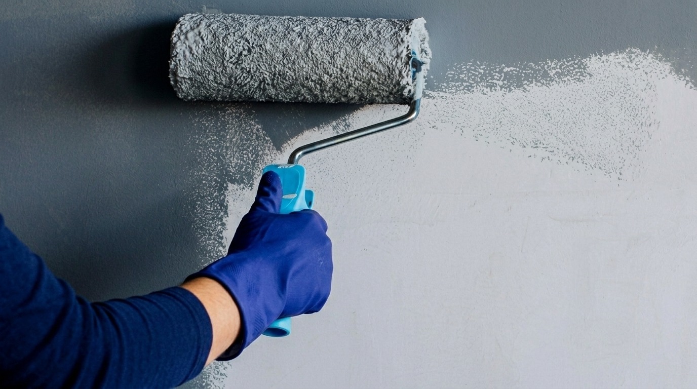 A gloved hand uses a roller to apply dark gray paint over a light interior wall.