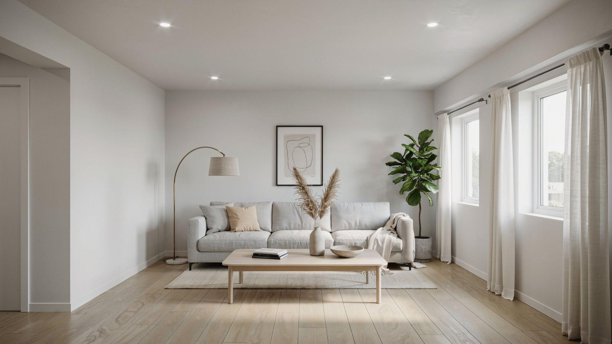 Clean bright modern basement interior painted in cool white influenced by Sherwin-Williams Snowbound with minimalist decor and airy Scandinavian-style design.