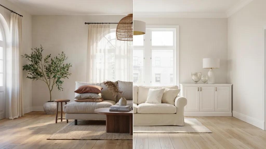 Side-by-side rooms showing Shoji White and Swiss Coffee paint colors in daylight