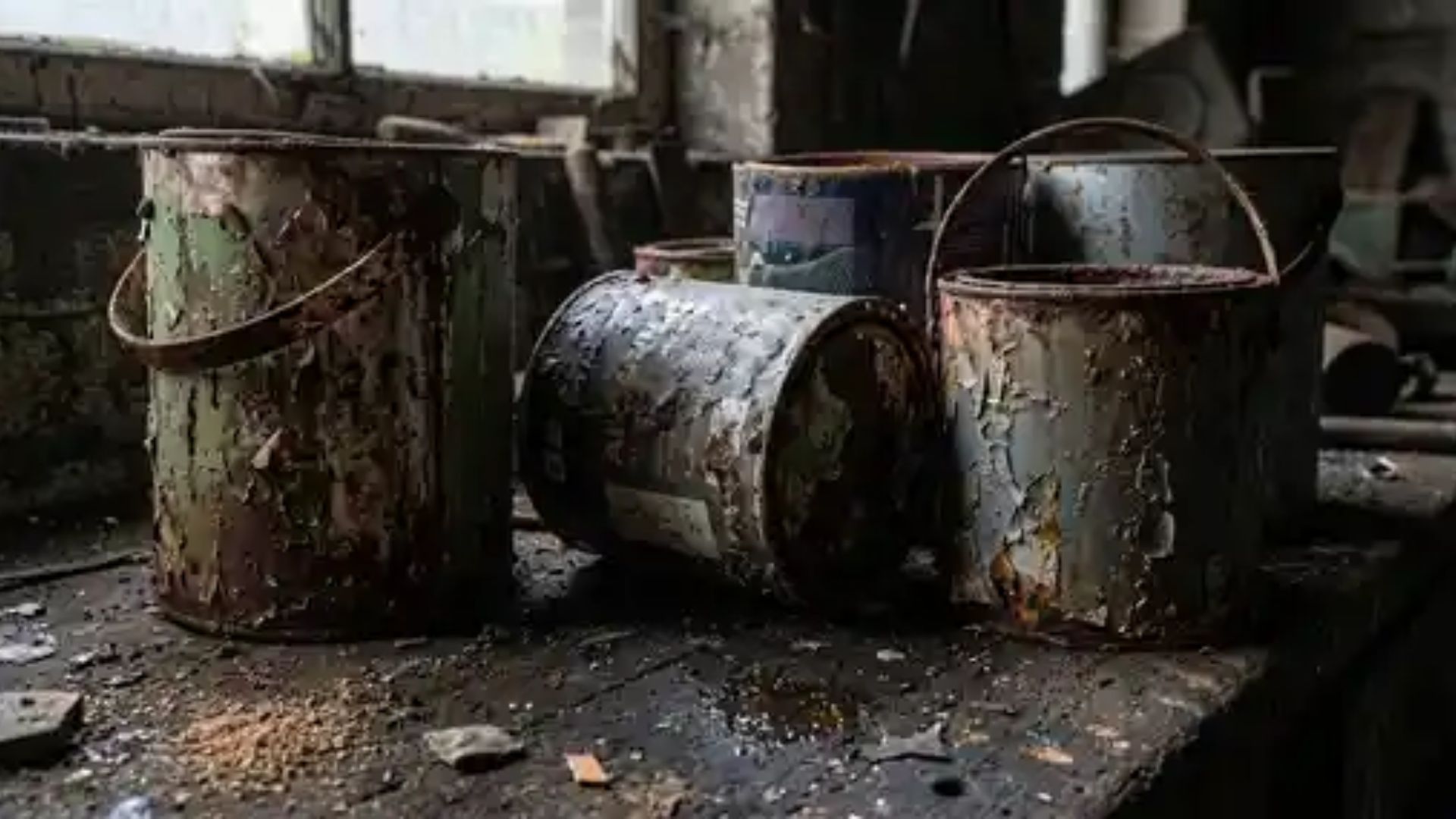 Old rusty paint cans sitting on a dirty workbench inside an abandoned room.