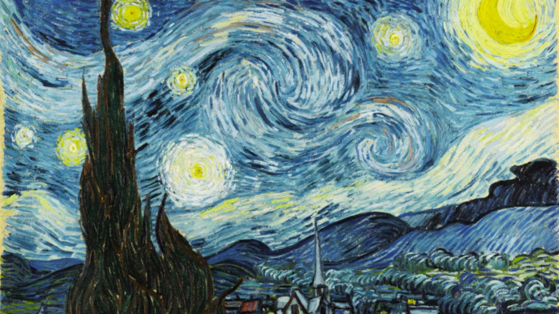Oil painting from 1889 showing a swirling night sky over a village with a prominent cypress tree.