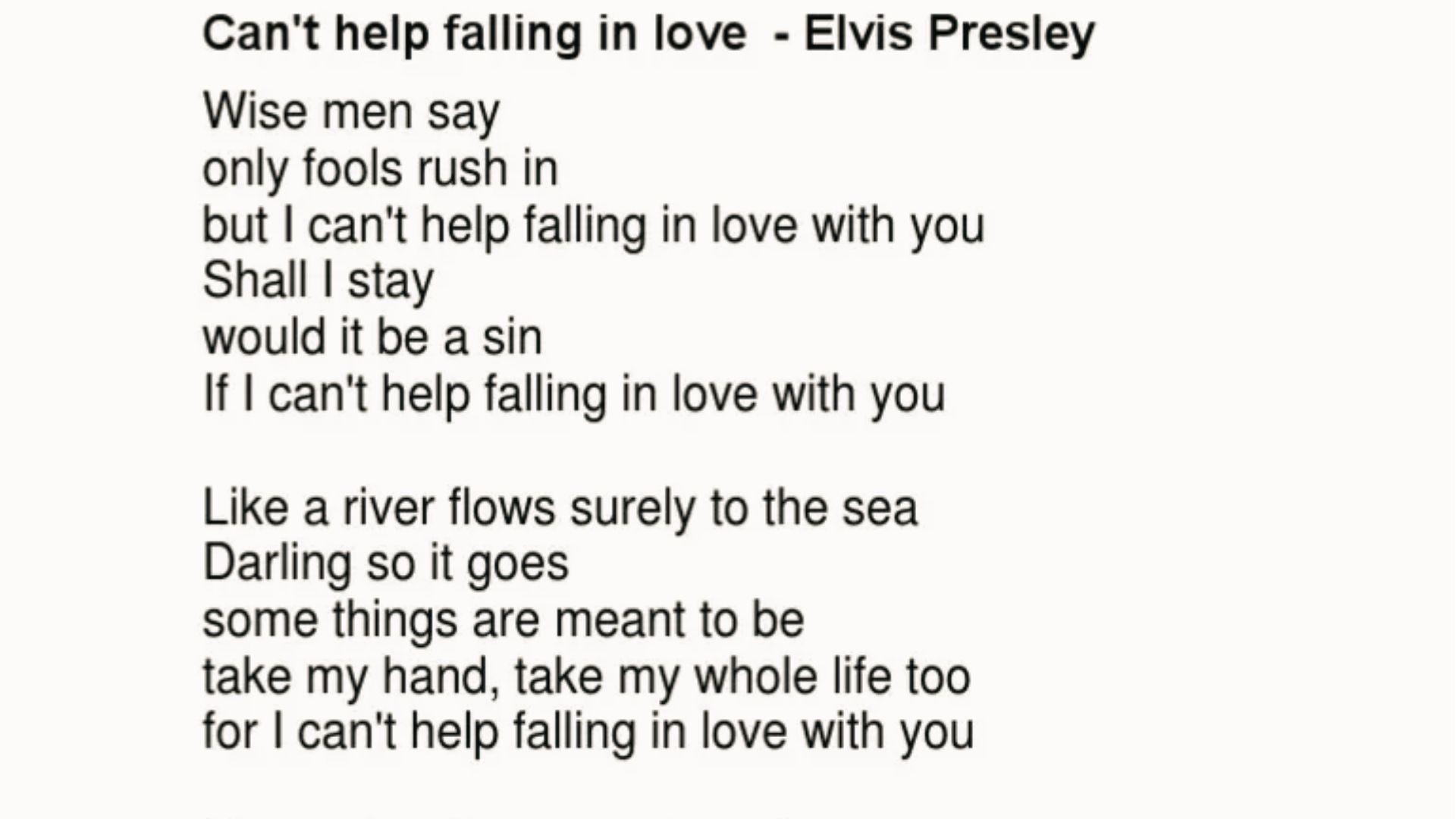 "Can't Help Falling in Love" by Elvis Presley lyrics in plain black text on white page.