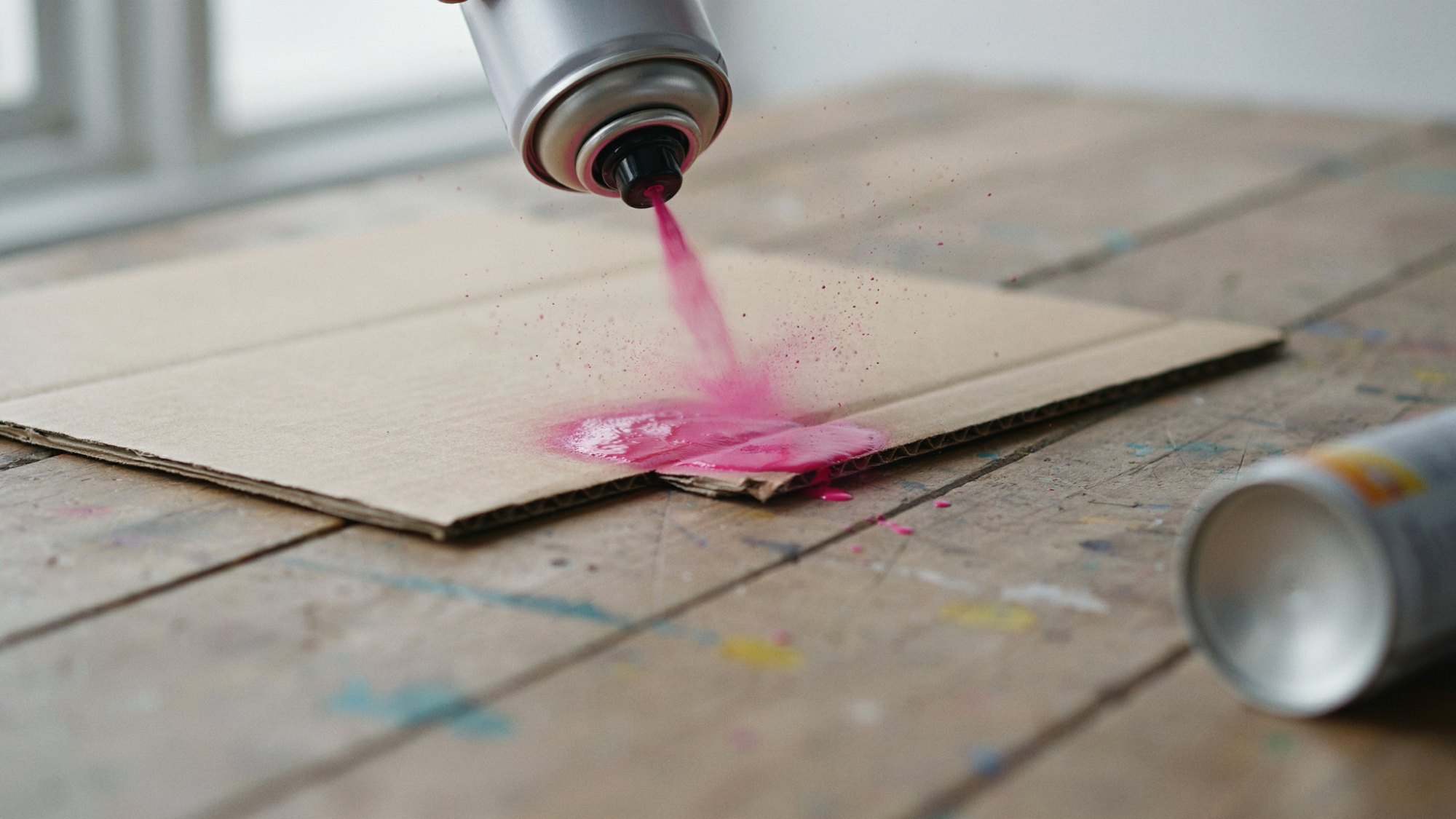 Pink spray paint sprays onto cardboard on a wooden table during a test application process.