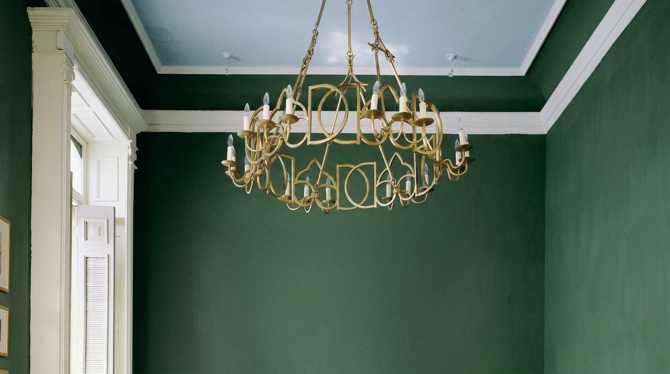 A dark green accent wall in a dining room featuring a decorative gold chandelier.
