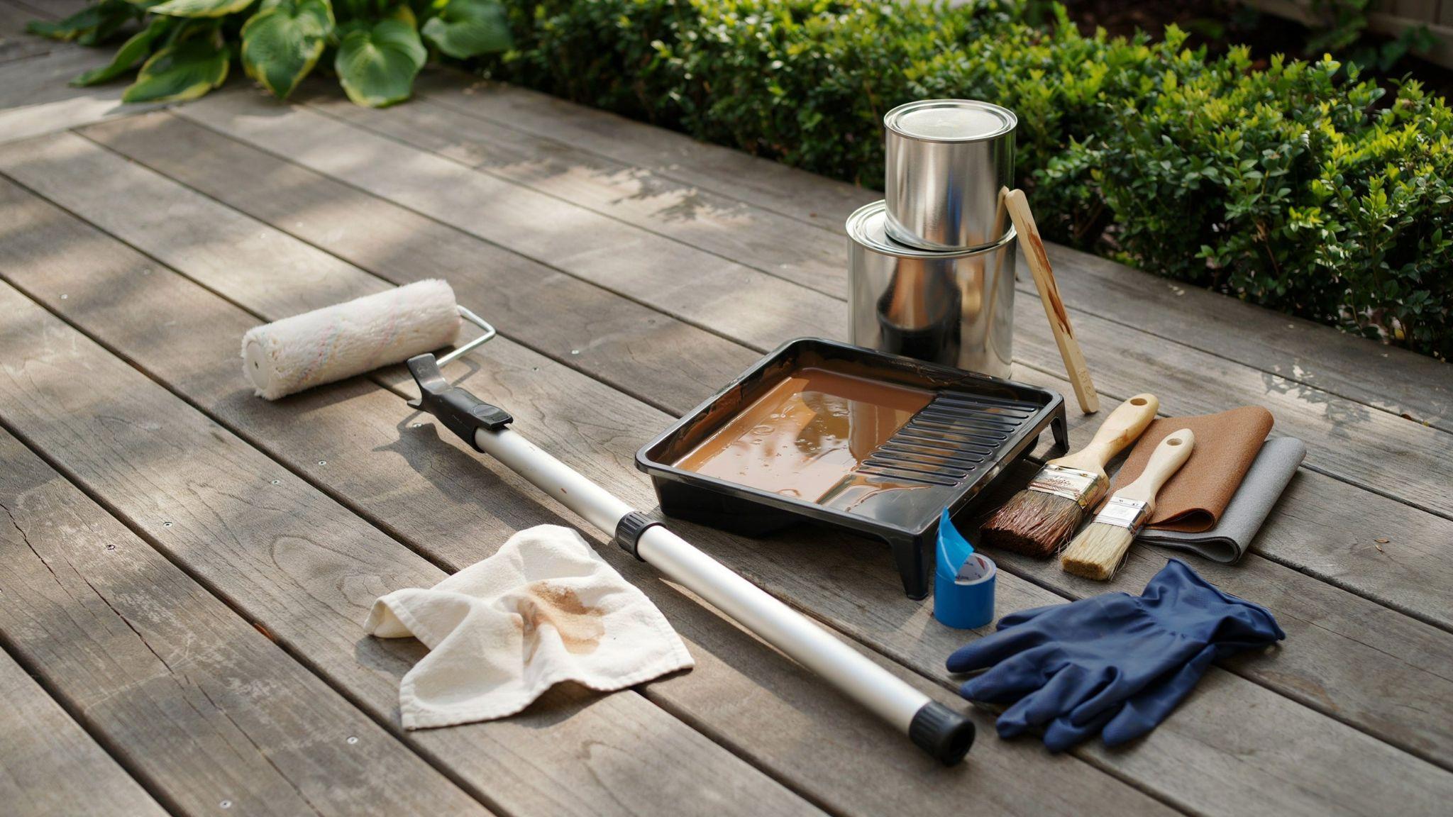 Organized deck staining tools including roller, stain cans, tray, and accessories neatly arranged on a wooden deck in natural daylight.