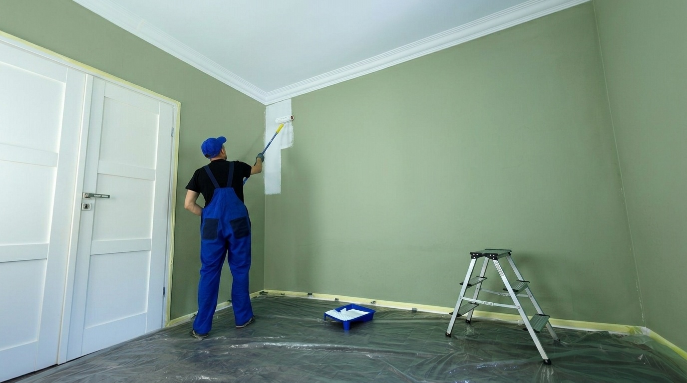 A person painting a wall in green color by using a roller.