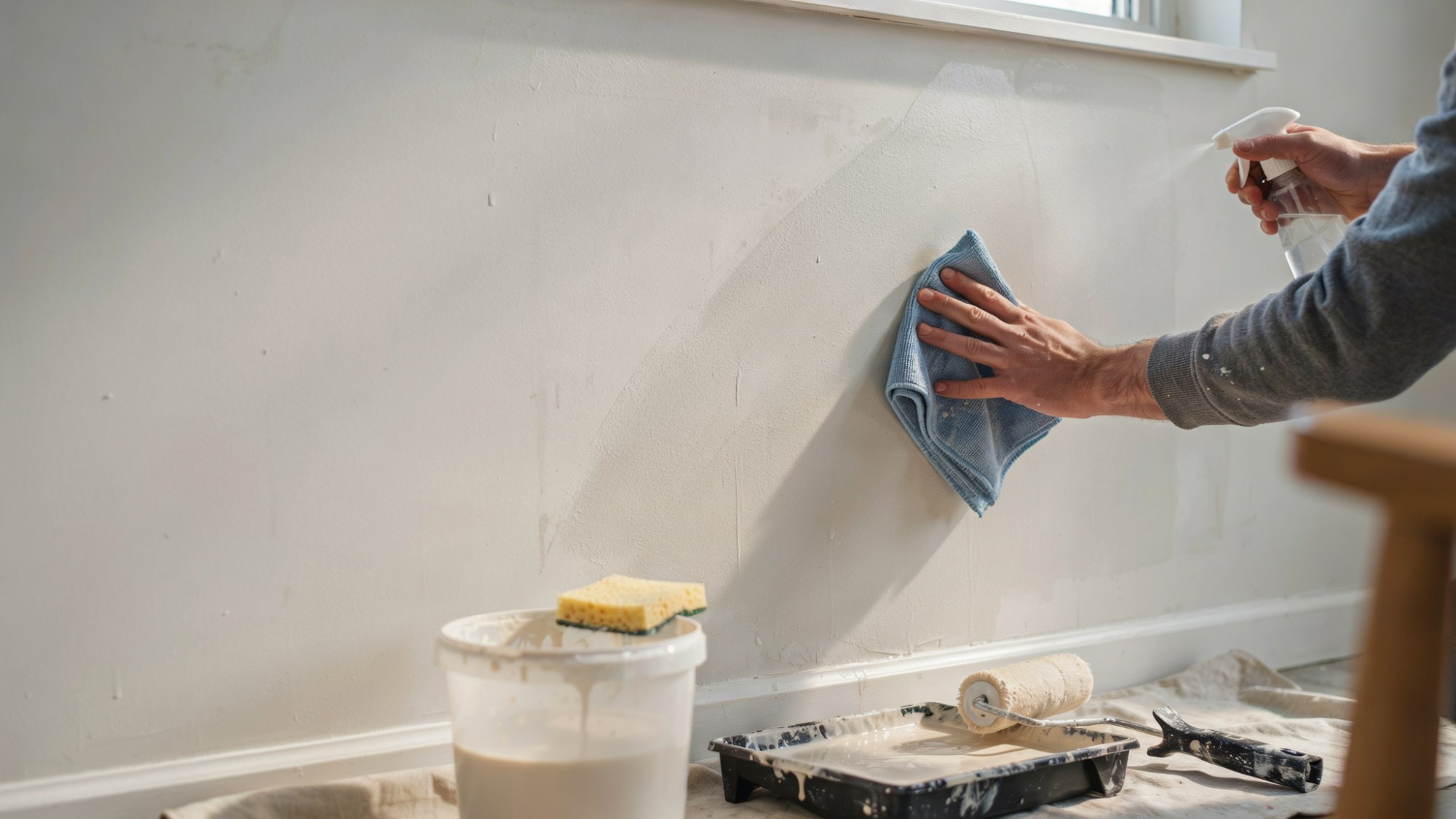 Person cleaning a painted surface with cloth and cleaner before painting.