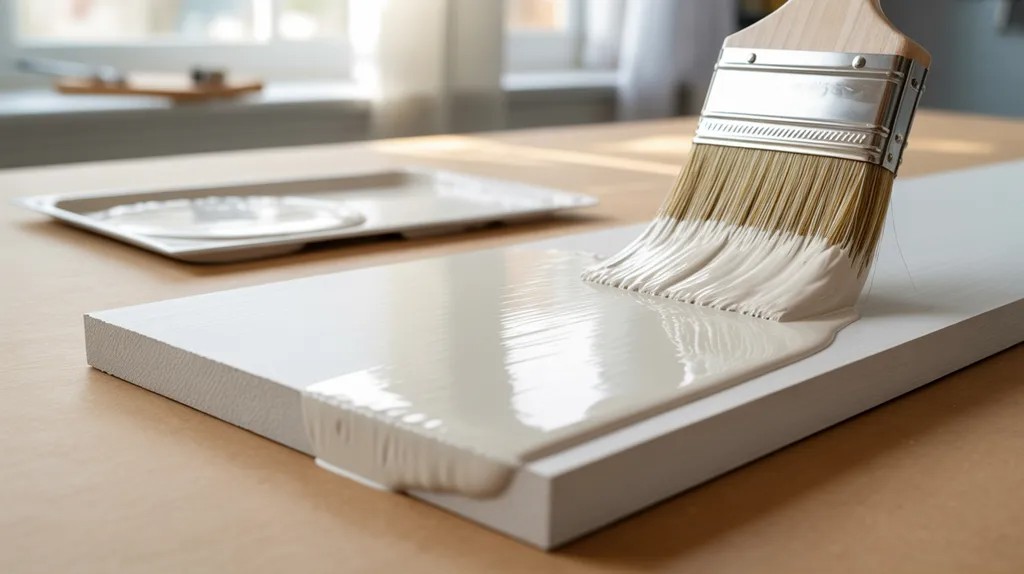 Brush applying a thin, even coat of paint on a smooth PVC board surface.