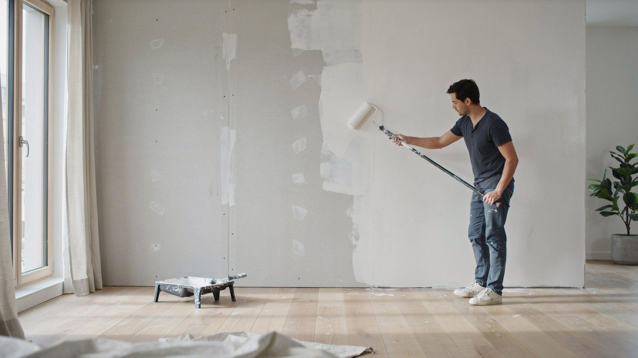 Painter applying multiple coats of primer on new drywall showing smooth progression from bare surface to fully primed wall.