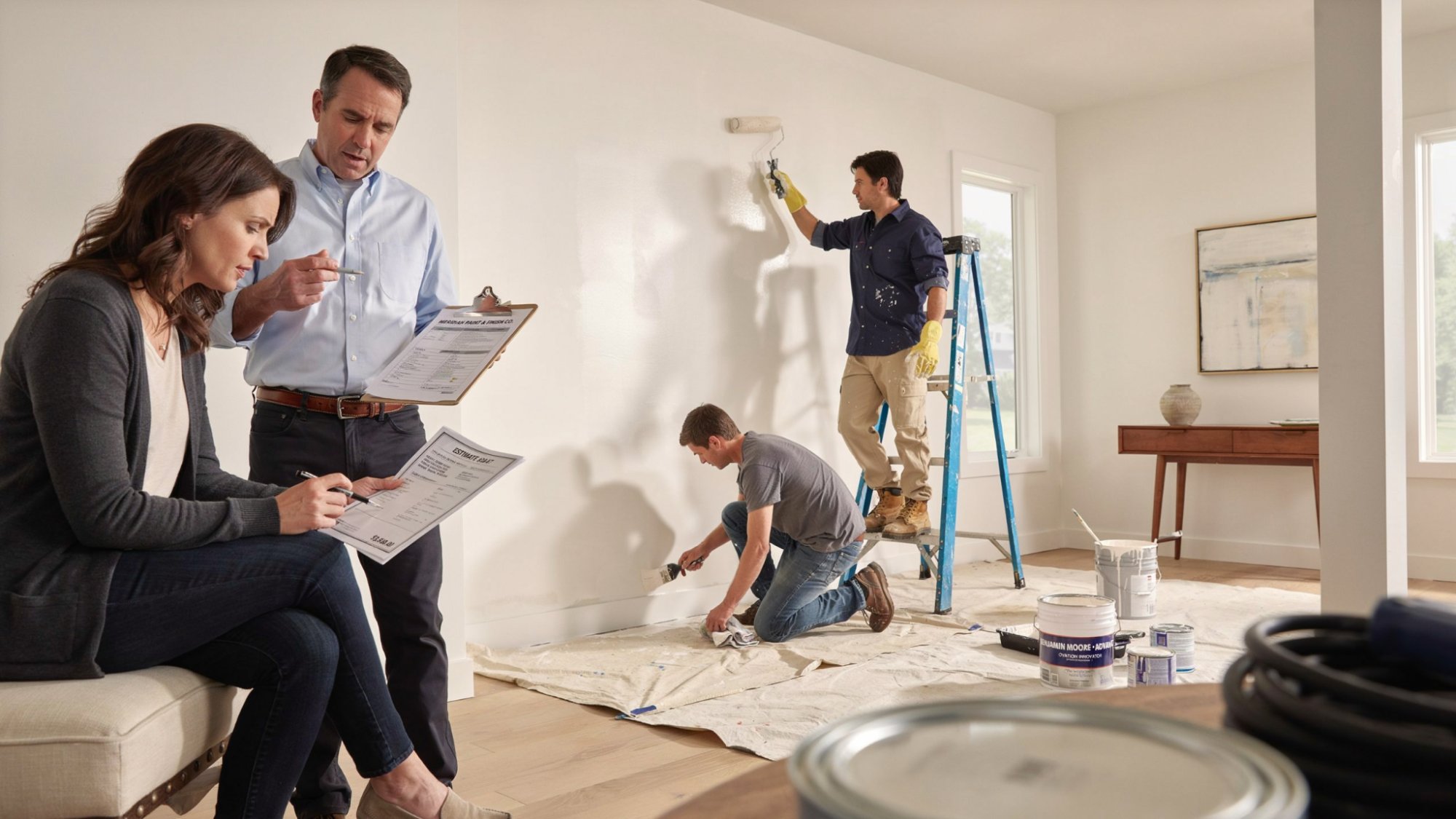 Professional painters working inside a home while a homeowner reviews painting labor and interior painting cost estimates.