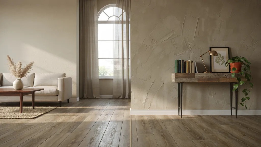 interior spaces showing orange peel in modern room and knockdown texture in rustic room helping visualize best texture choice for homes.