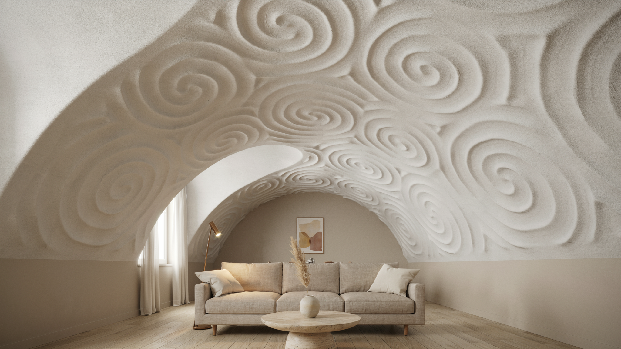 ceiling featuring sand swirl texture with circular flowing patterns adding movement and decorative visual depth to surface.
