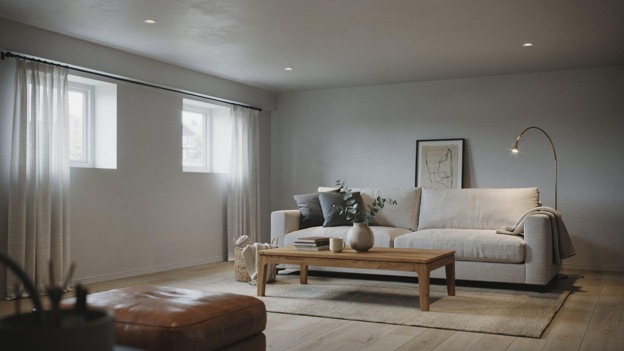Clean modern basement interior painted in soft light gray influenced by Valspar Filtered Shade with minimalist decor, wood accents, and bright airy lighting.
