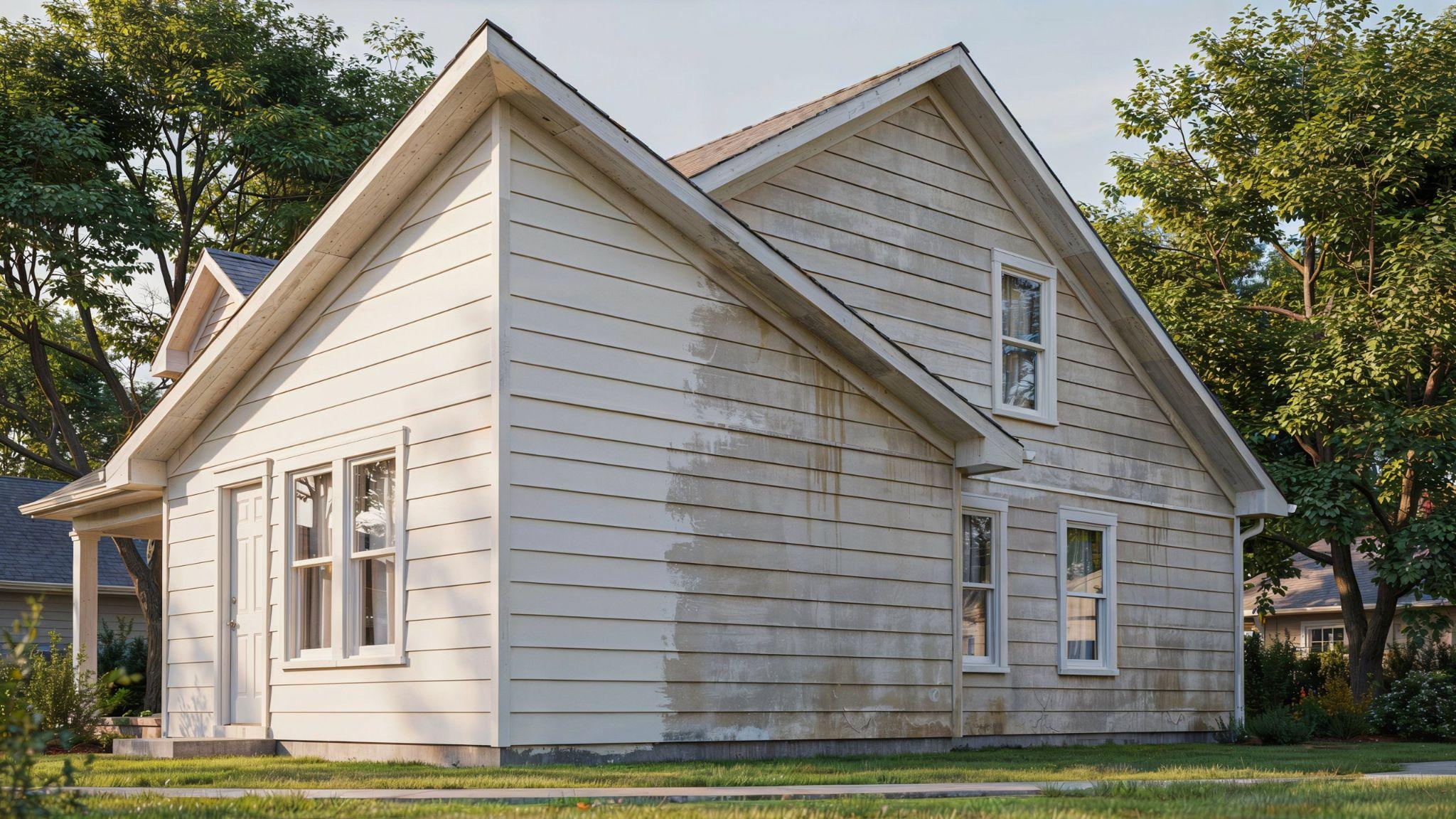 A house exterior showing uneven fading and color changes between fresh paint and sun-damaged surfaces.