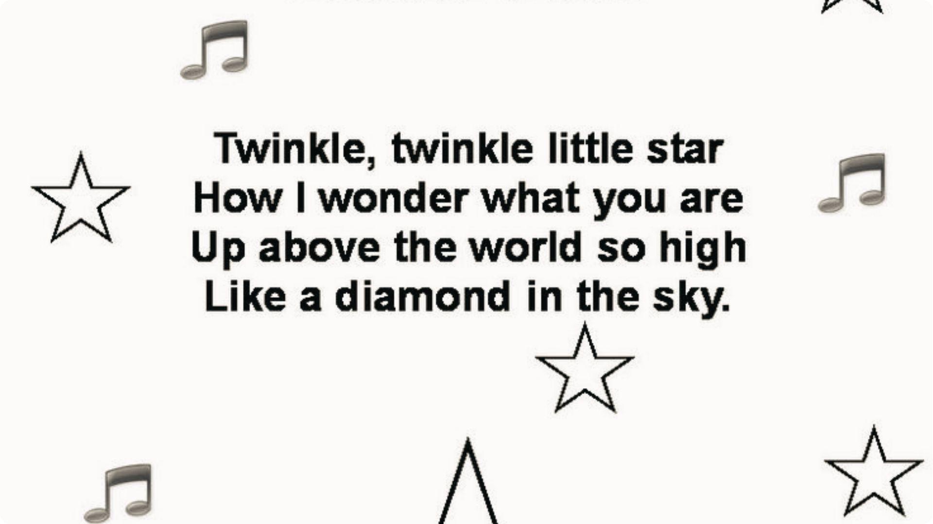 "Twinkle, Twinkle Little Star" lyrics on white with black stars and music note graphics around.