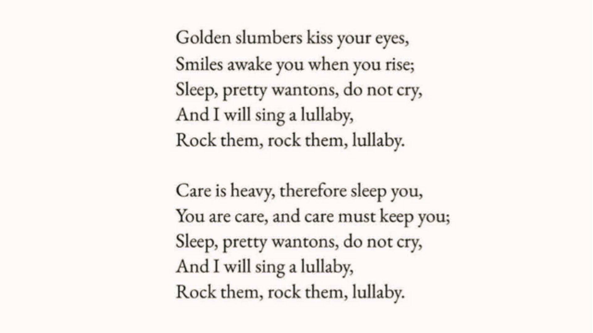 "Golden Slumbers" classic lullaby poem text in serif font about rocking baby to sleep.