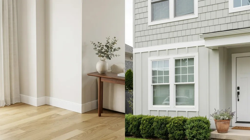 Indoor wall trim and outdoor house trim made from painted PVC boards.