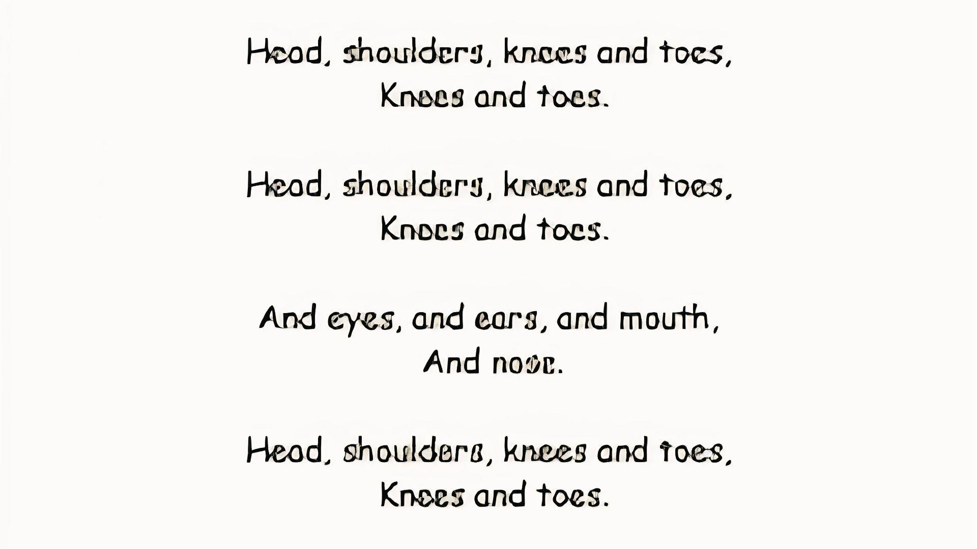 "Head, Shoulders, Knees and Toes" action song lyrics in playful black font on white.