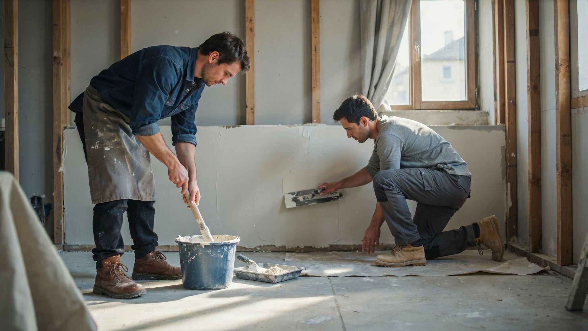 Close-up of plaster of Paris being mixed and applied smoothly on an interior wall during renovation work.