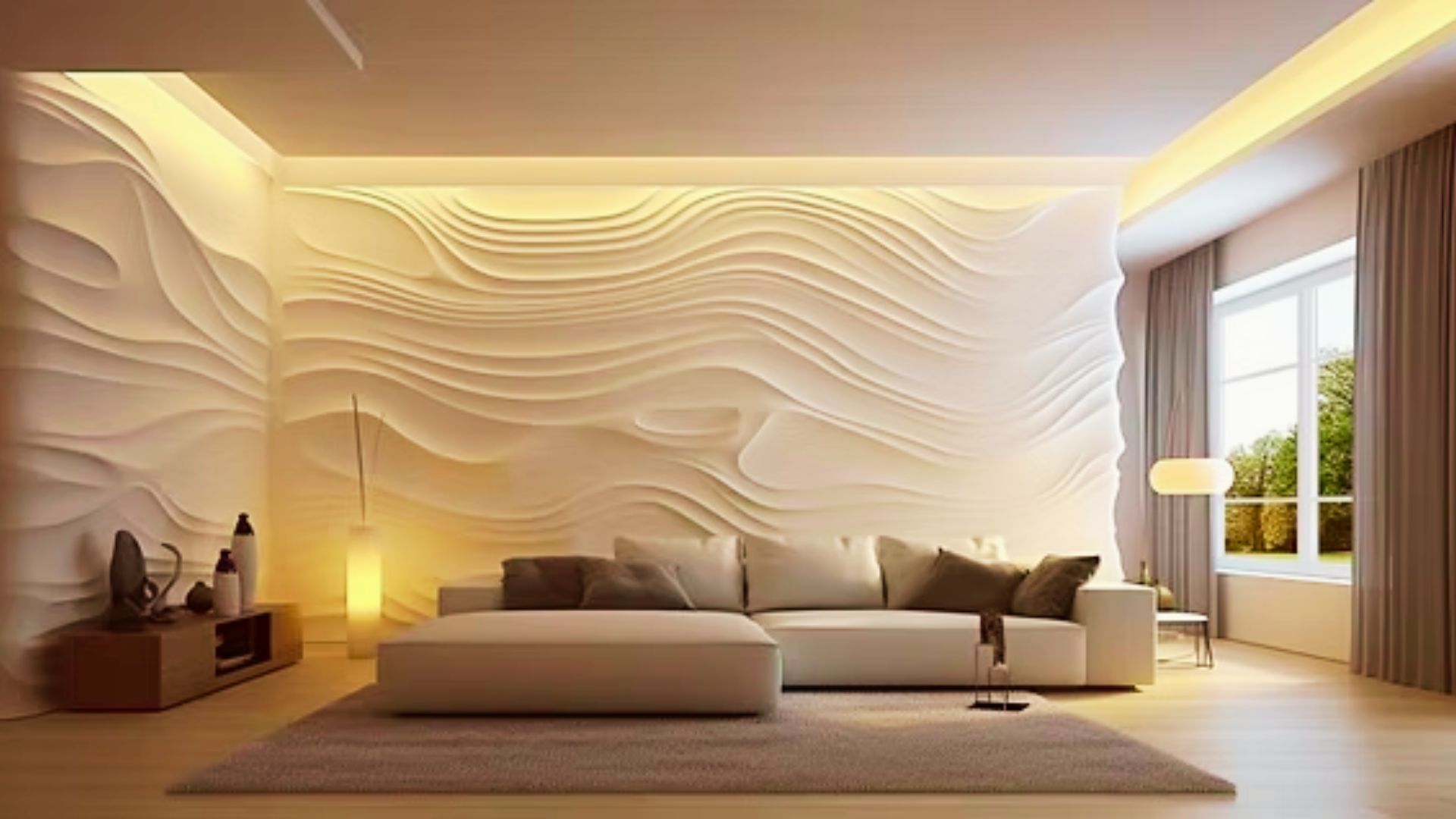 Modern living room with flowing wave drywall texture illuminated by cove lighting.