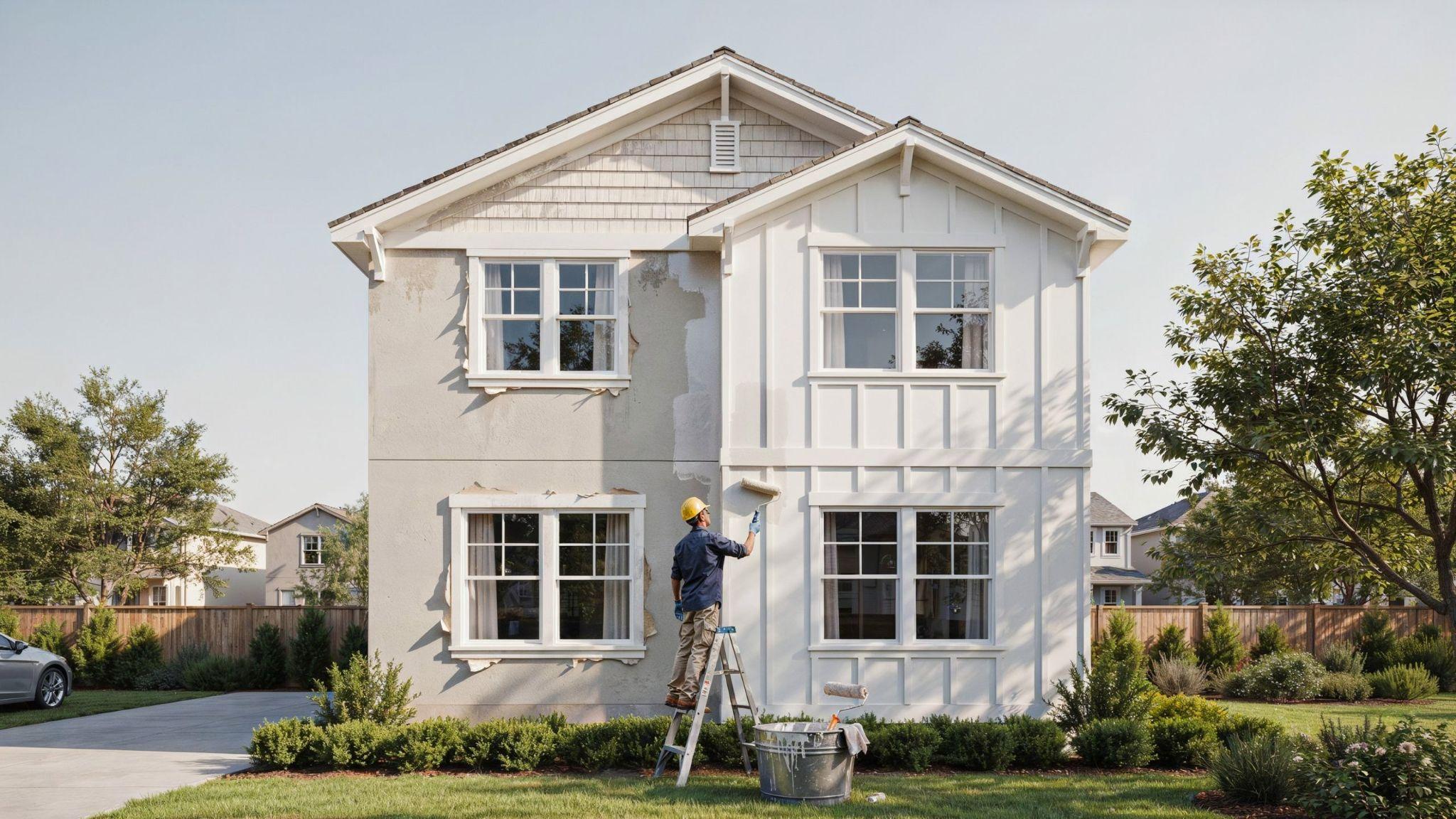 A house exterior being repainted with visible contrast between faded old paint and fresh new coating applied by a painter.